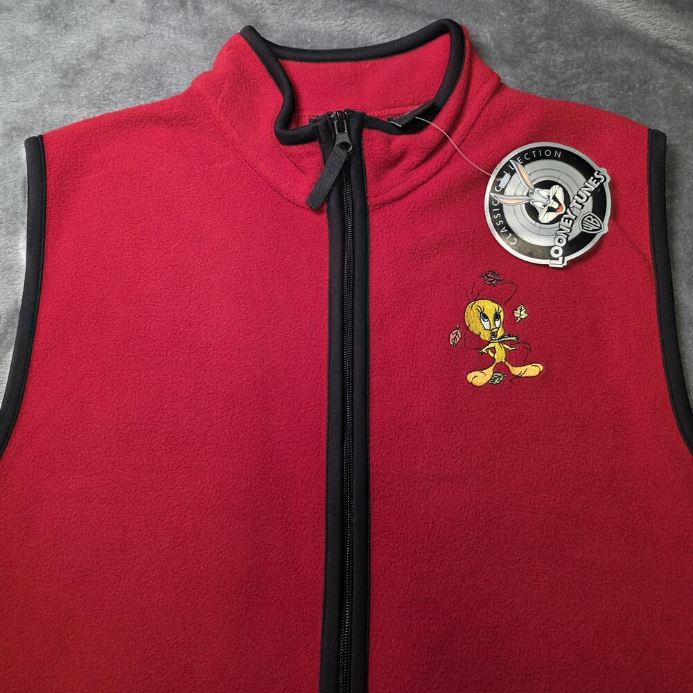 Looney Tunes Vest Mens Large Red Tweety Fleece Full Zip Pockets Embroidered